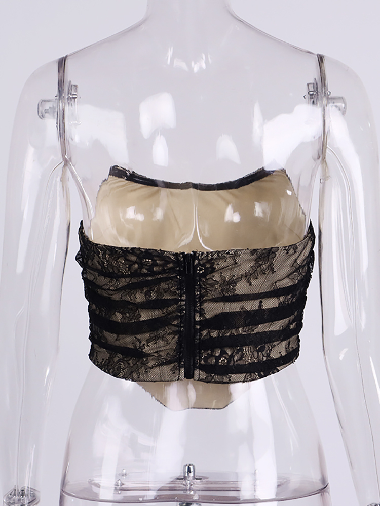 Asia Black Lace Bustier Tops Patchwork Strapless Lining Boning Zipper Bodycon Corset Crop Top Women Sexy Club Party Outfits 220325