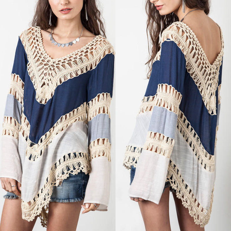 Fashion Womens Long Sleeve Lace Knitwear Pullover Crochet Sweater Top Blouse Women shirt