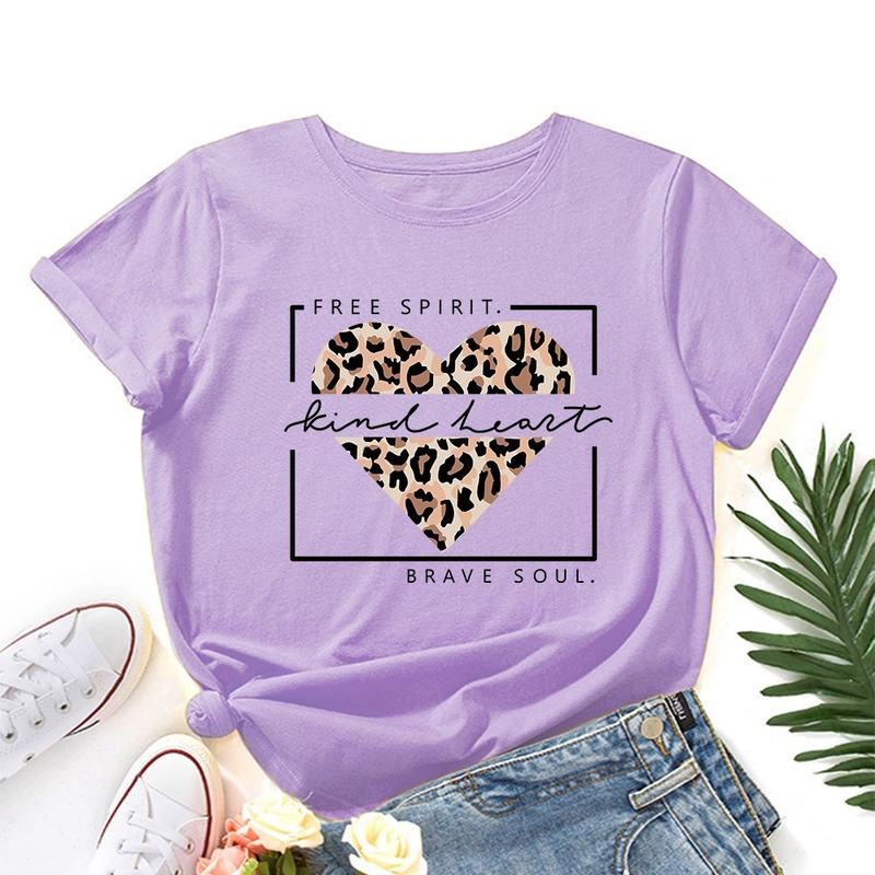 Summer Cotton Women Fashion T-shirts Leopard Heart Print Short Sleeve Clothes Vintage Ladies Tee Tops Female O-Neck TShirts 220328