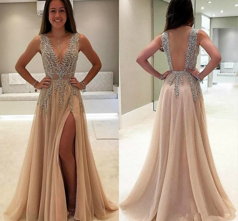 Beaded Long Prom Dresses Sexy Deep V Neck High Side Split African A Line Women Formal Evening Gowns