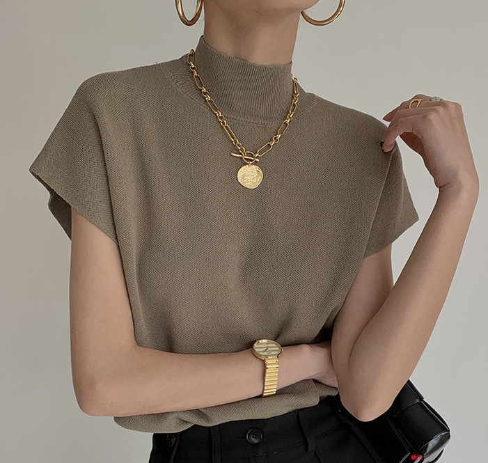 Qooth Solid Stand-up Collar Knitted Vest Short Sleeve Office Lady All Match Fashion Shirt Loose Elegant Straight Tops QT908 220328