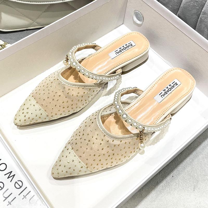 

Slippers 2022 Pearl Band Bling Mesh Mules Women Pointed Toe Sandalias Summer Shoes Low Heels Bead Glitter Slides Plus Size 34-42, Silver