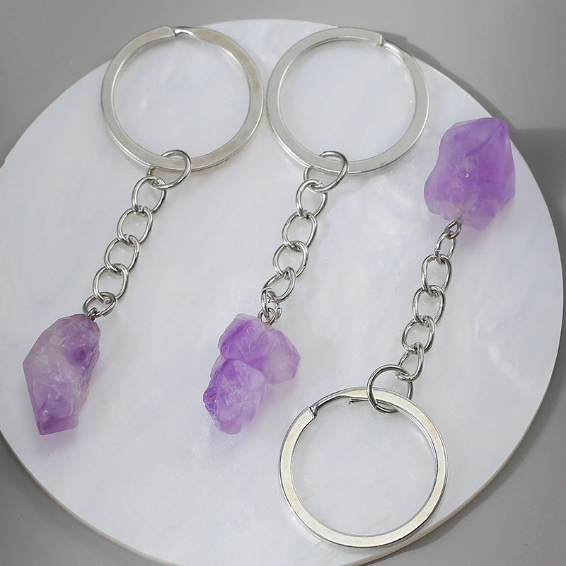 Natural Stone Amethyst Crystal Key ring KeyChain Pendant Keyrings Bag Accessories Jewelry