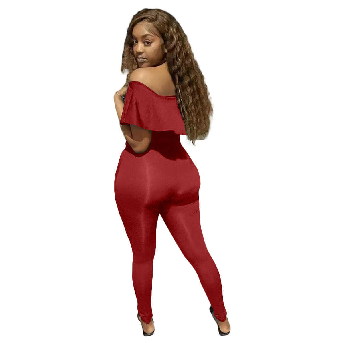 Designer Women Clothes 2023 off shoulder lotus leaf burnt flower hole slim fit one-piece pants Fashion Recommend