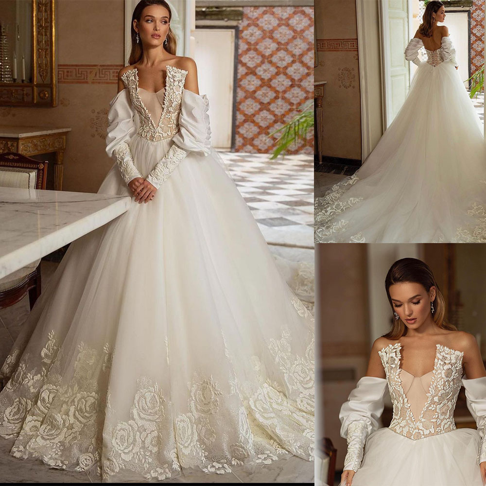 Ivory Luxurious Ball Gown Wedding Dresses Bateau Neck Off Shoulder Strapless Long Sleeves Appliques Beaded Sequins Lace Floor Length Bridal Ruffles We