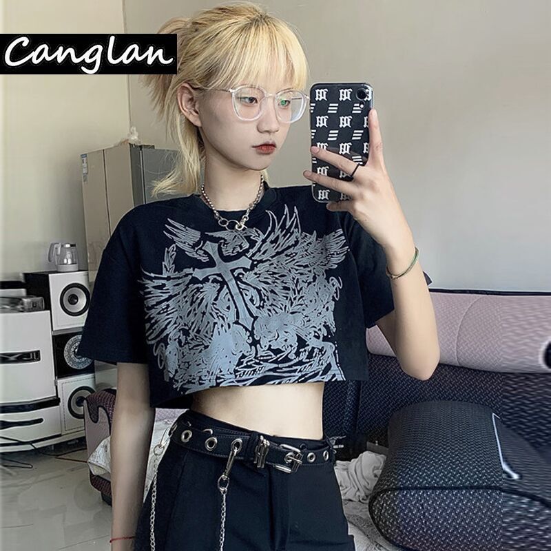 Gothic Style Crop Top T Shirt for Women Fashion Clothing Grunge Tshirt Summer Harajuku Tee Croptop Goth Emo Alt Clothes Dropship 220328