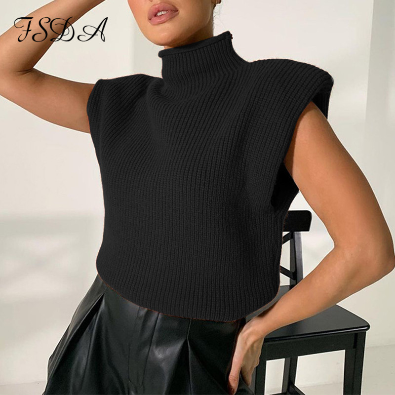 FSDA Turtleneck Sleeveless Vest Sweater Women With Shoulder Pads Knitted Pullover Autumn Winter Jumper Casual Tops Fashion 220629