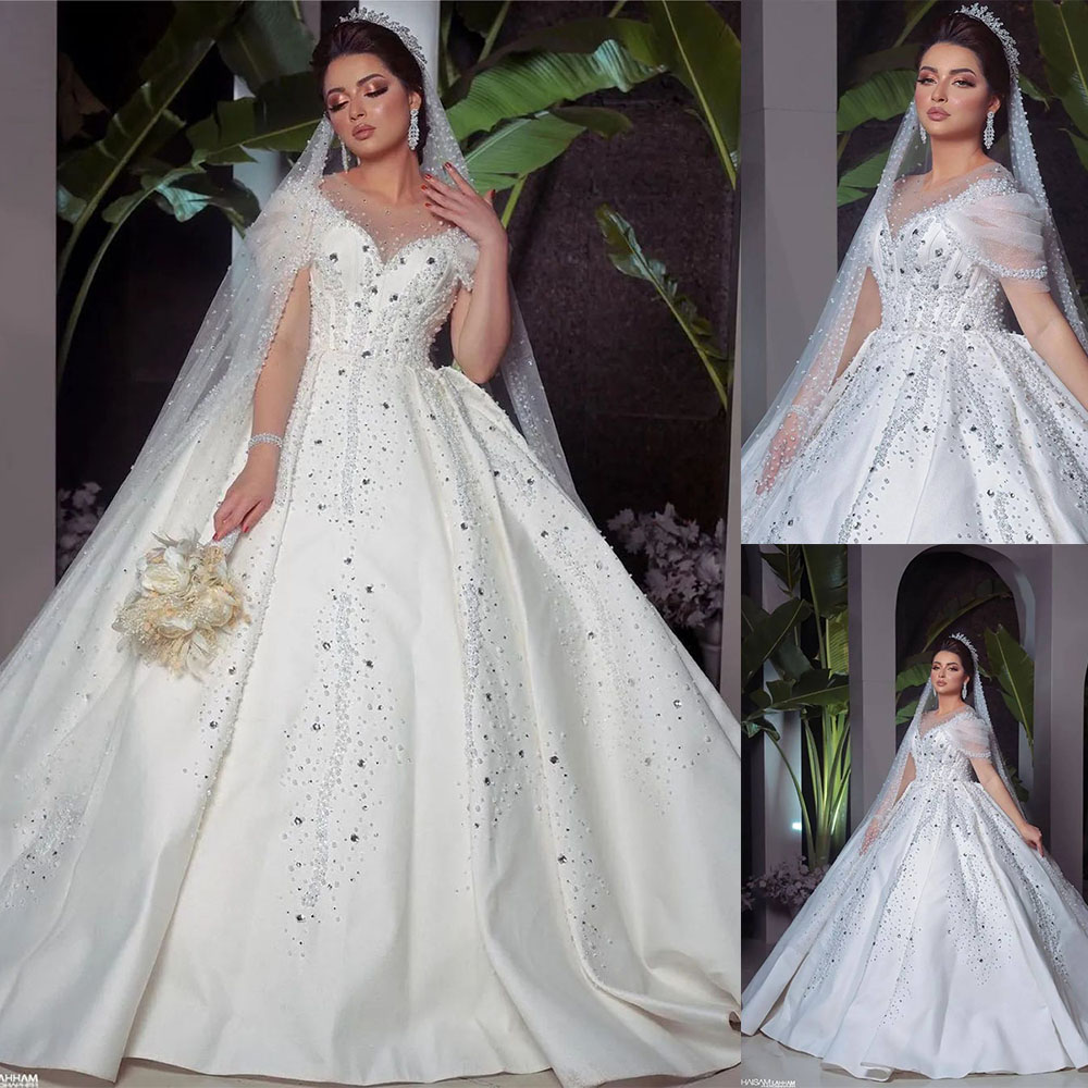 Exquisite Beads Crystal Wedding Dresses Ball Gown Scoop Neck Cap Sleeve Floor Length Arabic Bridal Dress Custom Made