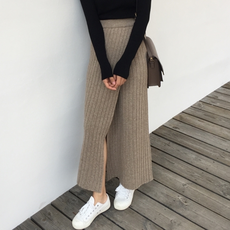 Colorfaith Knitting Chic Straight Korean Fashion Split Harajuku Elegant Vintage Spring Winter Women Long Skirts SK1967 220317