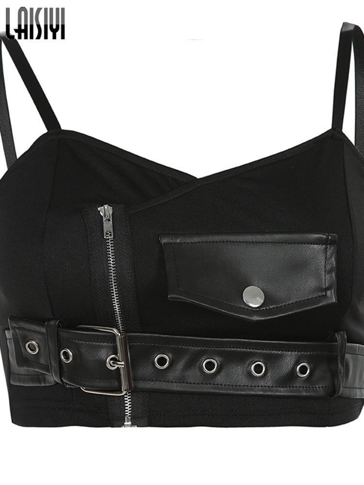 Sexy Straps Tank Top Women Gothic PU Red Plaid Streetwear Sashes Belt Zipper Punk Girl Summer Casual Crop Tops Camis 220325