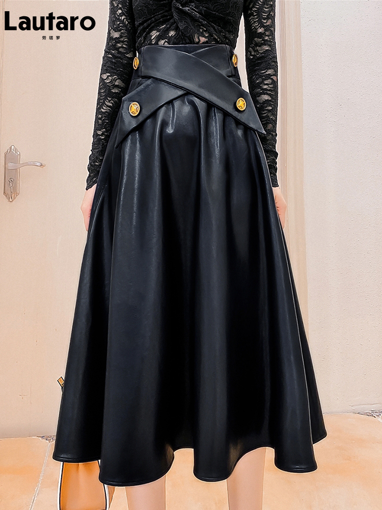 Lautaro Autumn High Waisted Black Soft Faux Leather Midi Skirt Women A Line Long Skirts for Korean Fashion Clothing 220317