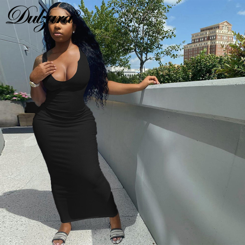 Dulzura Ribbed Knitted Stripe Women Pure Sleeveless Midi Dress V Neck Bodycon Sexy Streetwear Party Club Elegant Summer 220707