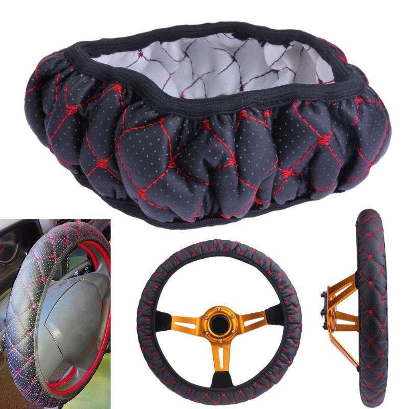 Steering Wheel Covers Full Hole Car Interior Handle Cover Elastic Black Red Synthetic Leather Embroidered For 38cm Diameter WheelSteering 
Steering Wheel Covers Full Hole Car Interior Handle Cover Elastic Black Red Synthetic Leather Embroidered For 38cm Diameter WheelSteering