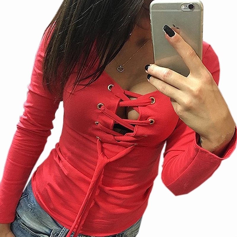 Sexy Bandage T shirt Lace Up Long Sleeve TShirts Women Deep V TShirt Spring Female Casual Sexy Tops Overall 5 Colors LX068 Y200412, Black
Sexy Bandage T shirt Lace Up Long Sleeve TShirts Women Deep V TShirt Spring Female Casual Sexy Tops Overall 5 Colors LX068 Y200412, Black