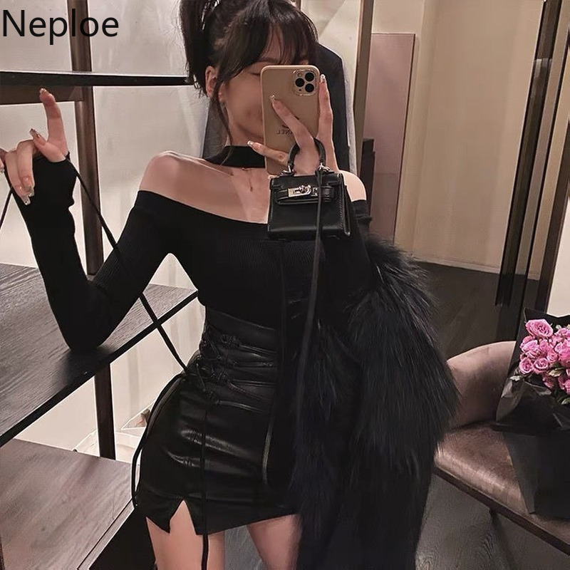 Neploe Woman Bodycon Skirts High Waist Y2K Jupe Chic Bandage Split PU Faldas De Mujer Black Sexy Mini Punk Goth 220317