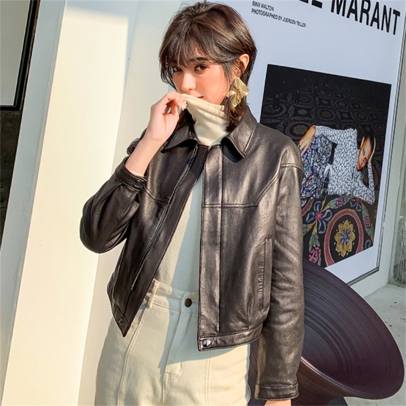 FTLZZ Spring Women Leather Jacket Lapel Zipper Short Pu Jacket Lady Slim Black Long Sleeve Biker Jacket Coat 220815