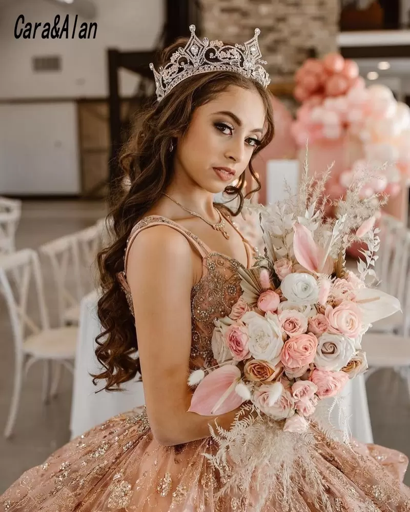 Dusty Pink Gorgeous Quinceanera Dresses Crystals Beaded Ball Gown Straps Sequins Applique Ruffles Pageant Formal Dress Sweet Birthday Party Prom Gowns