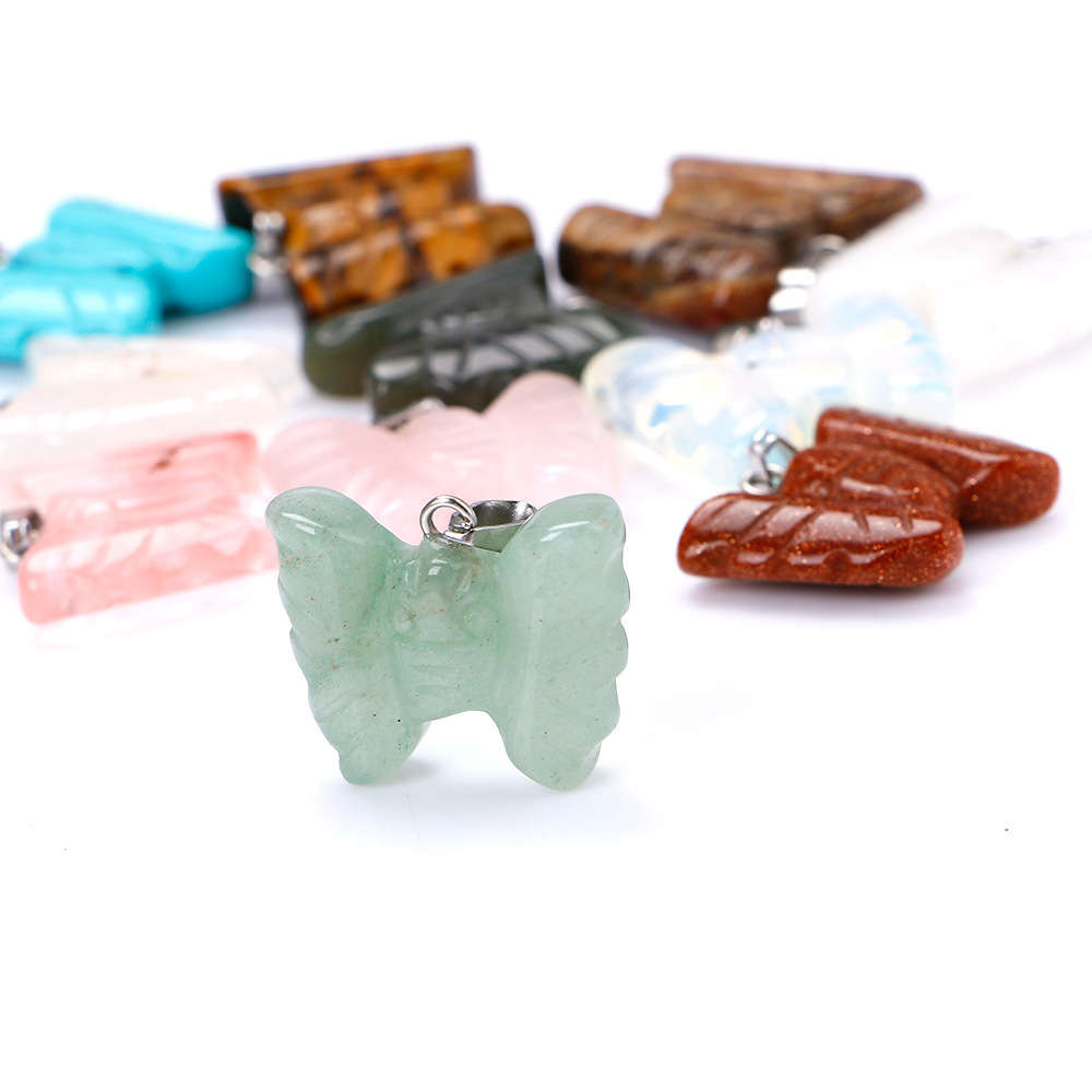 Natural Stone Carved Butterfly pendant necklace Opal Tiger's Eye Pink Quartz Crystal Chakra Reiki Healing Necklaces for women jewelry
