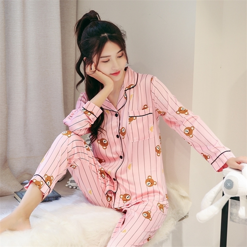 New Cotton Pajama Sets Women Sweet Girl Lounge Cute Sleepwear Long Sleeve Casual Nightwear Big Yards MXXL Female Pijamas T200612