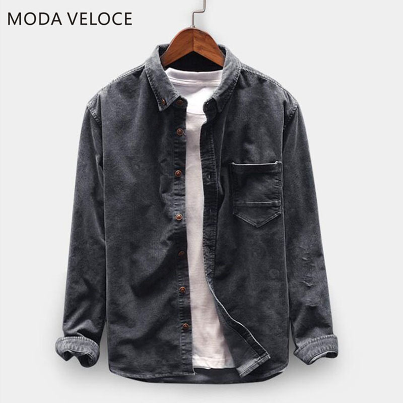 MODA VELOCE Flannel Shirt Men Long Sleeve Winter 4 Colors Corduroy Hip Hop Blouse 220322