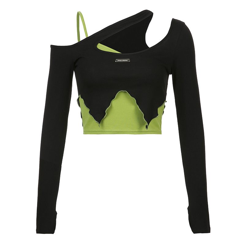 Tonngirls Y2k Vintage T shirt Grunge Tie Dye Crop Tops 2 piece Women Casual Camis Streetwear Long Sleeve Lace Up Tee Top 220714