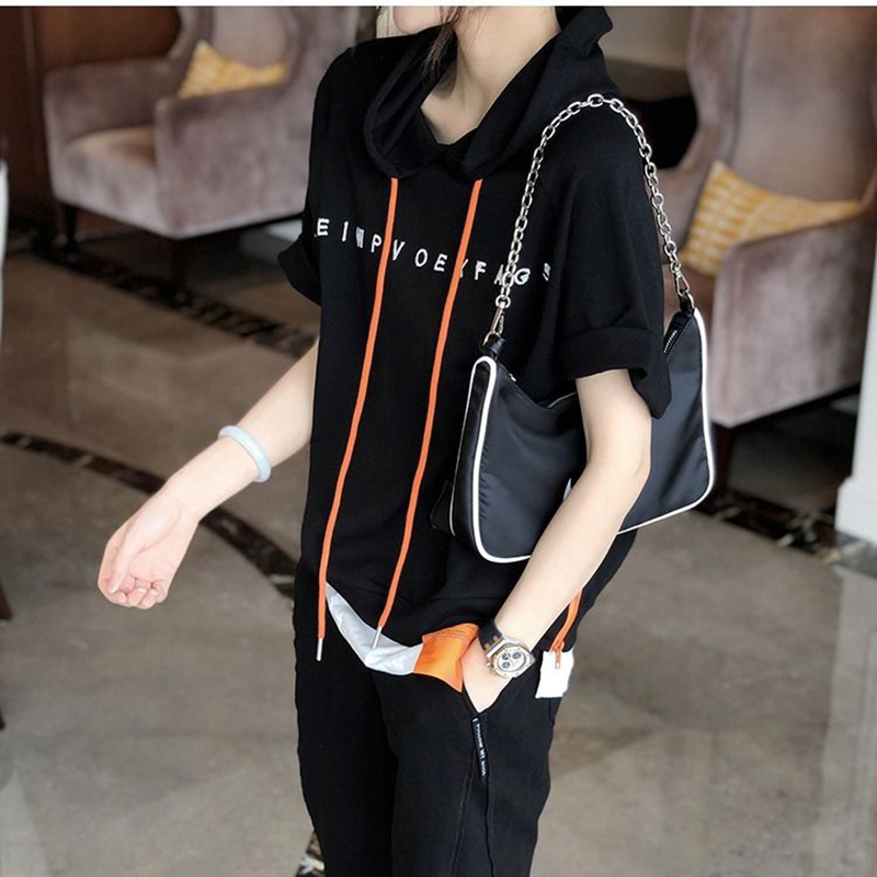 Summer Fashion Women Short Sleeve Loose T-shirt All-matched Casual Hooded Tee Shirt Femme Letter Print Tops 100% Cotton S823 220321