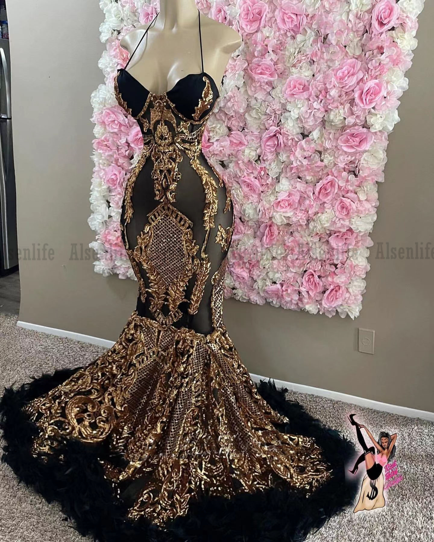 Sexy robe de soirée femme Prom Dress Mermaid With Feathers 2022 Black Sequins Evening Gowns Girl Party Wear