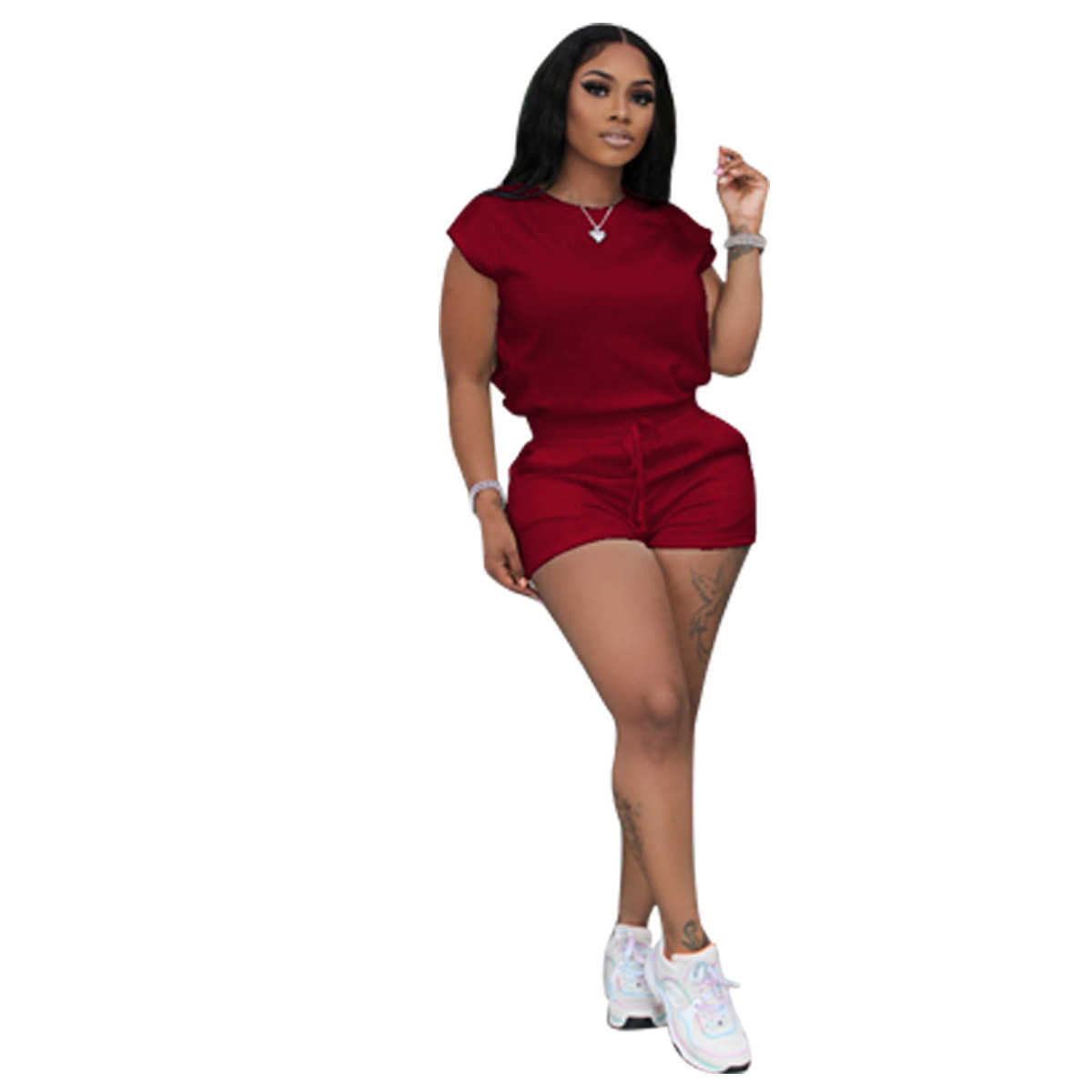 Womens Short Sleeve Tracksuits New Summer Women's outfits Solid Color Round Neck Sports Shorts Set