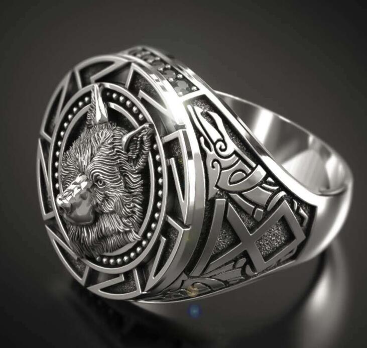 Viking Warrior Wolf Head Rings for Men Punk Jewelry Retro Wolf Totem Male Silver Color Ring Hip Hop Finger Bands GC894