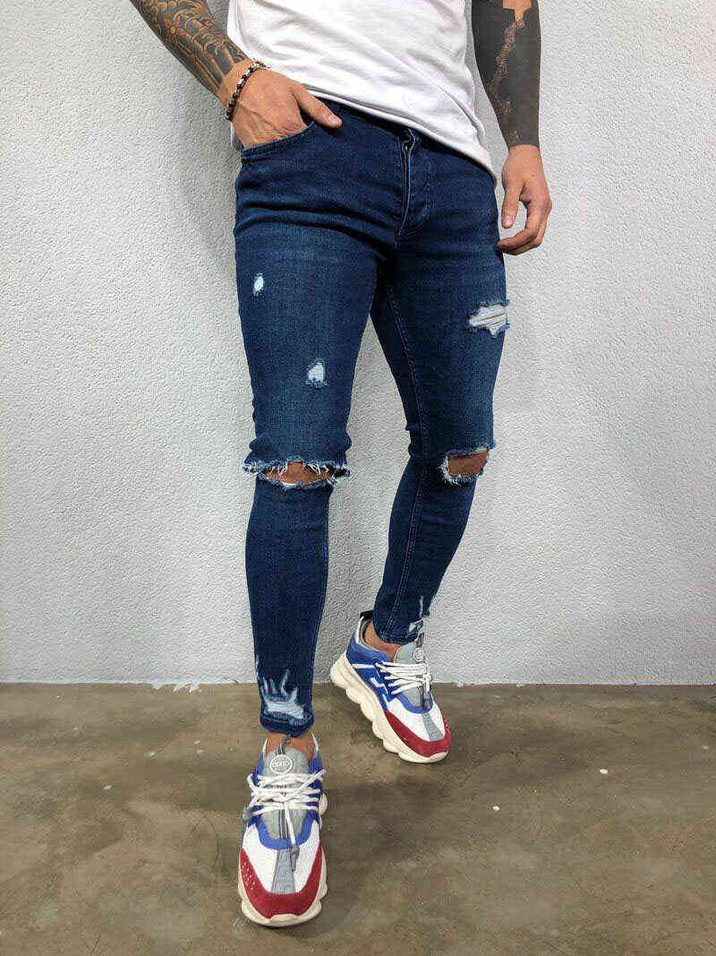 Men Jeans Skinny Ripped Stretch Slim Elastic Denim Pants Black Blue Male Spring Summer Autumn Hip Hop Zipper Jeans G0104