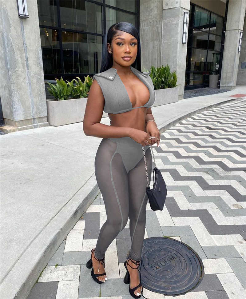 Women Two Pieces Mesh Pants Set Sexy Summer Outfits Crop Tops Sheer Leggings Wholesale Clothes Female Rave Party Wear