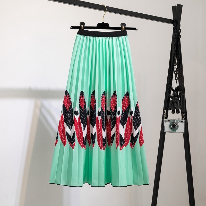 Fashion High Waist Pleated Harajuku Skirts Summer European Flower Printed Long for Women Mid-Calf Skirt Faldas Larga 220322