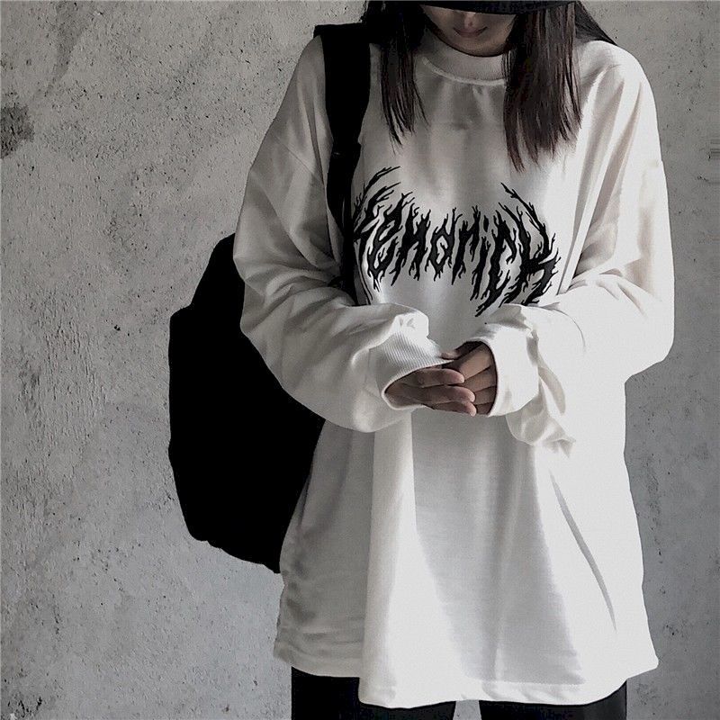 Goth Bottoming Shirt Equipped With Men Women Autumn Korean Vintage Printing Loose Bf O-neck Long-sleeved T-shirt White Top 220321