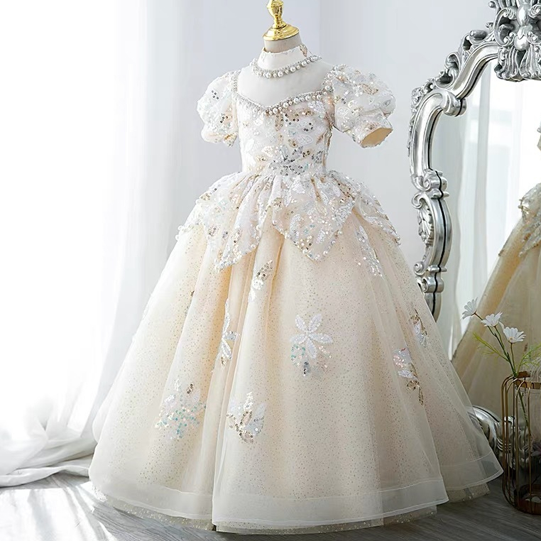 Crystal Lace Little Kids Flower Girl Dresses Princess Jewel Neck Tulle Applique Puffy Floral Formal Wears Party Communion Pageant Gown