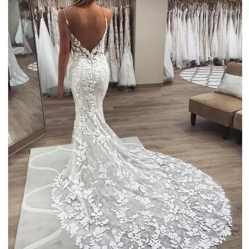 Applique Gorgeous Lace Wedding Dresses Bridal Gown Mermaid Sheath Spaghetti Straps Custom Made Tulle Sweep Train Beach Vestidos De Novia BC20601