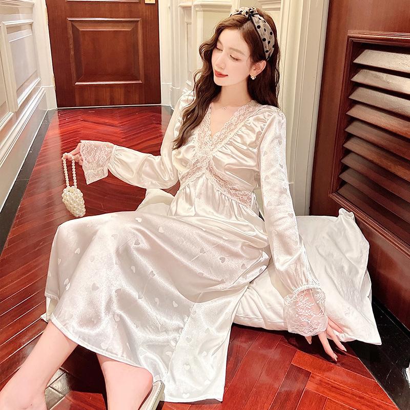Women's Sleepwear Women Sweet Long Sleeve Nightdress Sexy Patchwork Lace V-neck Nightgown French Court Style Satin Home Dress LoungewearWome, White 4
Women's Sleepwear Women Sweet Long Sleeve Nightdress Sexy Patchwork Lace V-neck Nightgown French Court Style Satin Home Dress LoungewearWome, White 4