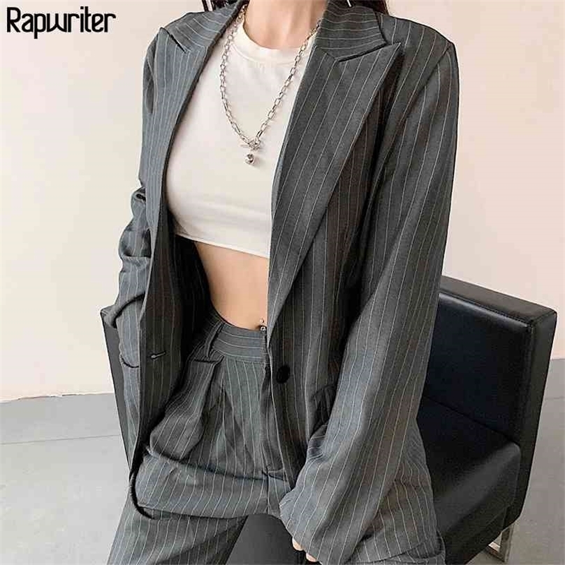 Rapwriter Streetwear Striped Blazer And Straight High Waist Suit Pant Two Piece Suit Set Women Outfits Trend Clothes Female 210331