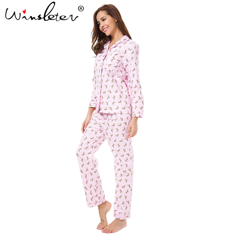 Pink Pajama Sets Women Cute Dachshund Print 2 Pieces Set Long Sleeve Top Elastic Waist Pants Brushed Cotton Thick S7N002 220329