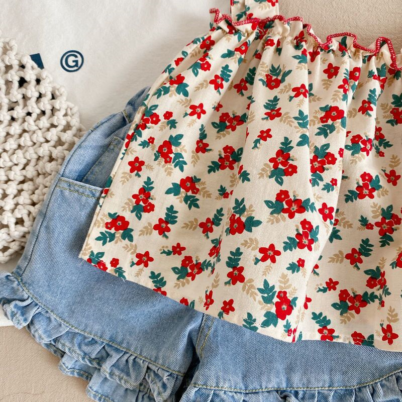 Lawadka Summer Baby Girl Clothes Sets Floral T-shirt +Denim Short 2Pcs Children's Suit Fashion Outfits Soft Clothing 220425
