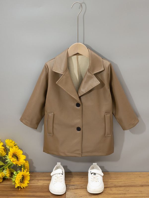 Toddler Boys Slant Pockets Lapel Neck PU Leather Coat SHE, Brown.
Toddler Boys Slant Pockets Lapel Neck PU Leather Coat SHE, Brown.