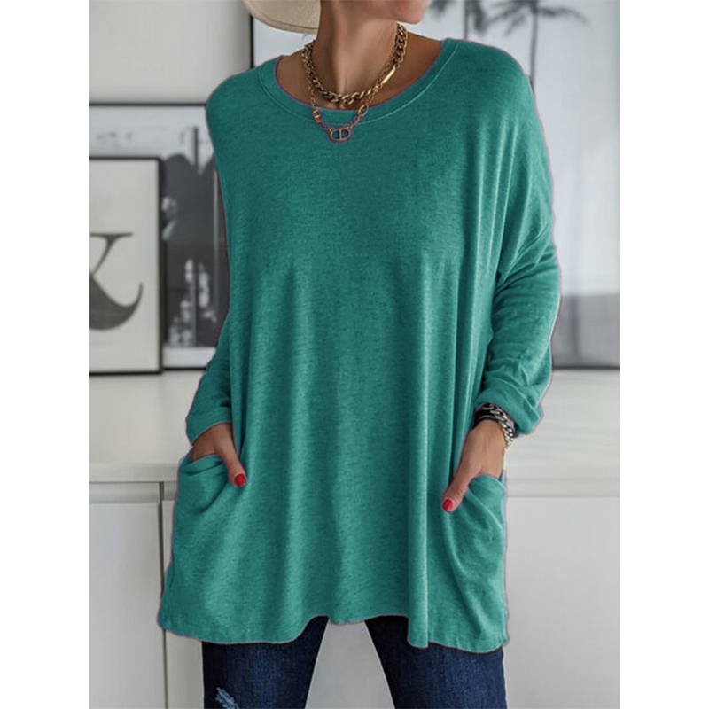 Solid Color Vintage Pocket Oversized T-shirt Female Clothing Fashion Autumn Tunic Basic Y2k Top Women Long Sleeve T Shirt 220328
