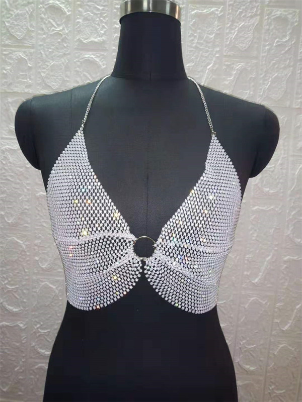 Women Clubwear Flash Diamond Grid Sexy Top Camis Summer Mesh Bra Bralette Beach Club Wear Crystal s 220325