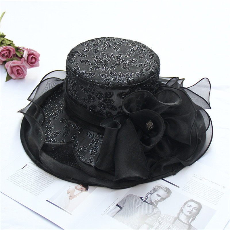 Summer Women Wide Brim Bow Mesh Lace Church Hat Foldable Wedding Tea Party Dress Sun 220427