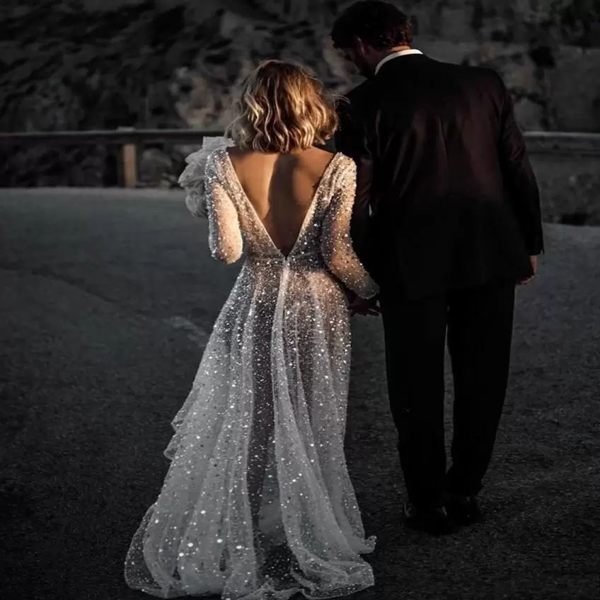 Sparkly Glitter A-e Dresses Sexy V Neck Long Sleeve Lace Sequins or Length Train Illusion Tulle Boho Wedding Gowns Plus Size Pearls Backless