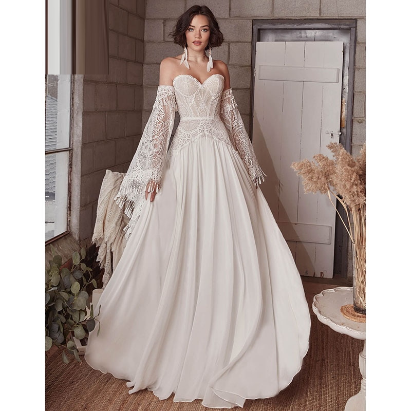 Bohemian Mermaid Wedding Dress Beach Open Back Lace Flare Sleeves Boho Sweetheart Pleats Chiffon Bridal Gown Custom Made