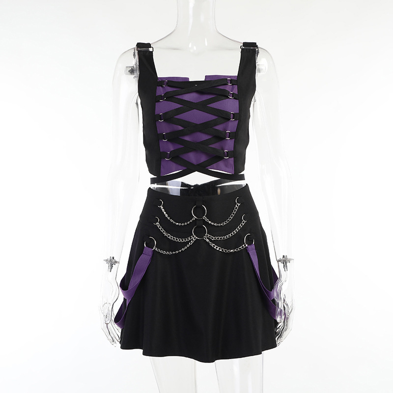 Two Piece Sets Women Summer Gothic Club Sexy Skirts Set Sleeveless Bandage Crop Tops Chain Aline Skirt 2Pcs Sets Female 220602