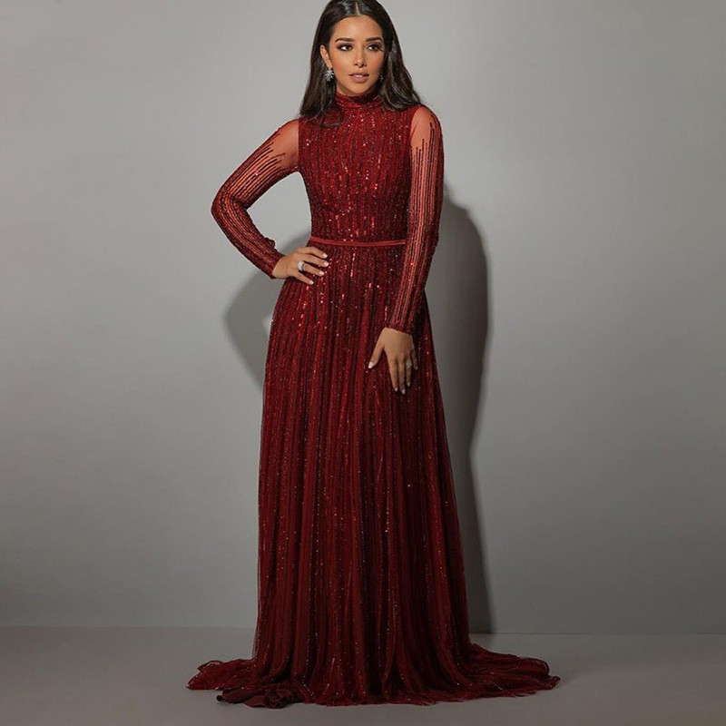 Burgundy Arabic Long Sleeve Evening Dresses 2022 Sparkly Beaded Flowy Skirt High Neck Dubai Aso Ebi Luxury Prom Dress Yousef Aljasmi