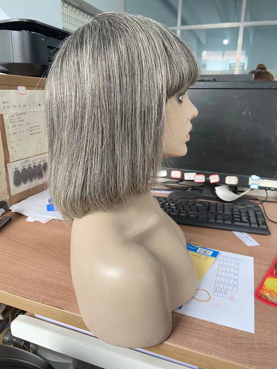 Custom Salt&pepper color grey bob human hair wig for black women with bang fringe hairpiece silver two tone blend natural daily use 150%density short 