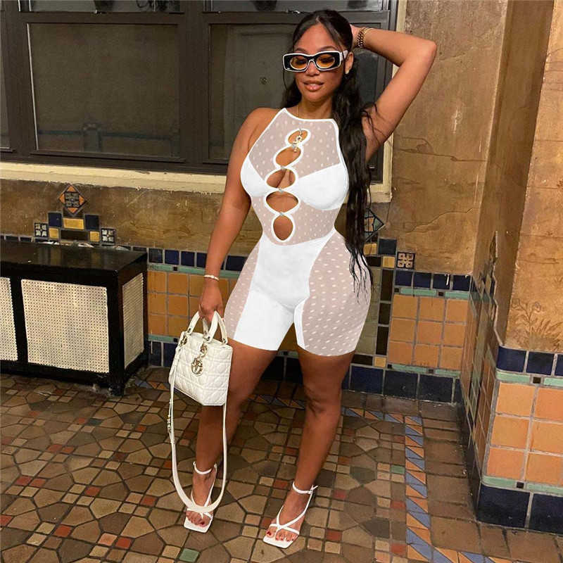 Sexy Mesh Hollow Out halter Jumpsuits Women Summer Ripped Nightclub One Piece Playsuits Clubwear Rompers