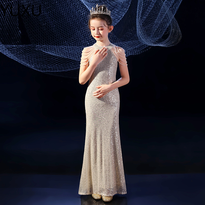 2023 sequined Flower Girls Dresses For Weddings Jewel Neck Princess Satin blingbling mermaid Little Girls Pageant Dresses With Bow sequined long dress